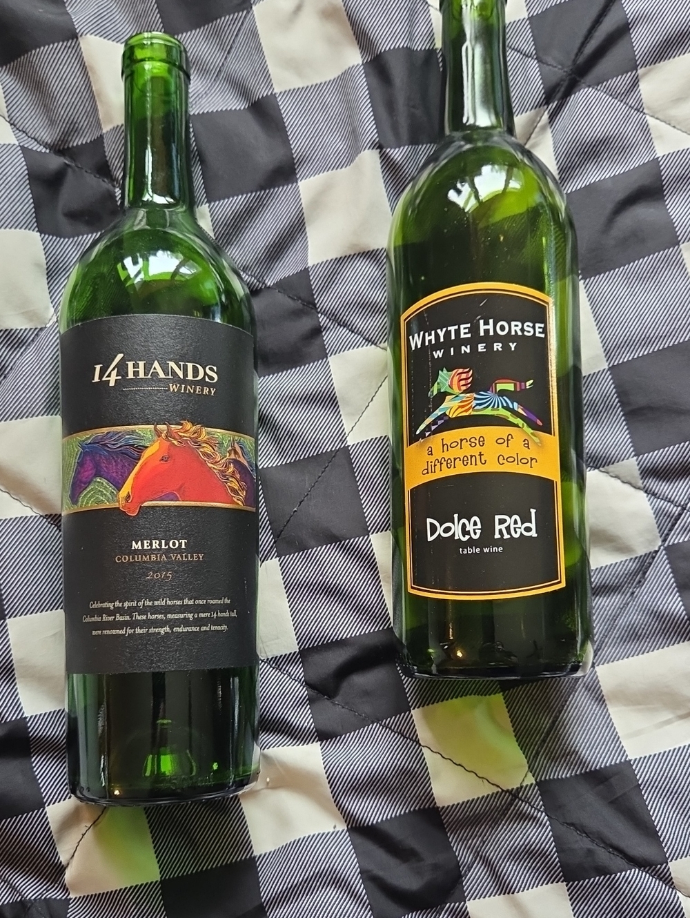 Two "HORSE" Themed Wine Bottles, Pre-Drilled Holes For Lights,  See Photos!